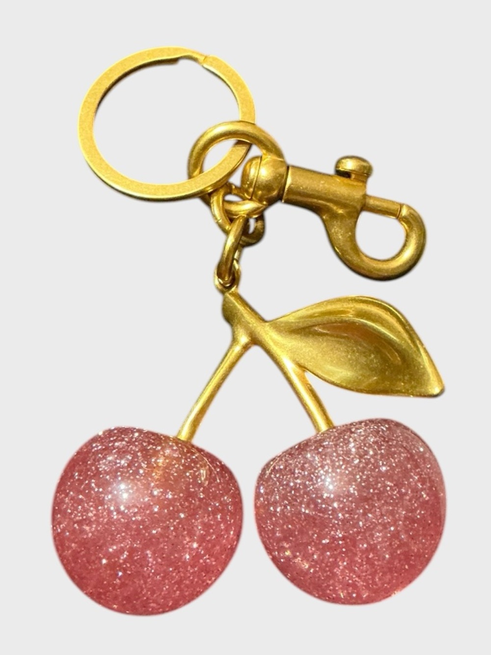 Glitter Cherry Bag Charm Large Pink Sparkle Keychain Gold Tone Cute - Picture 2 of 3